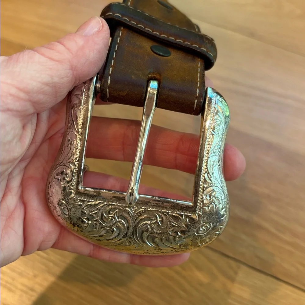 Tony Lama Brown Leather Belt with Silver Buckle and Turquoise Stitching